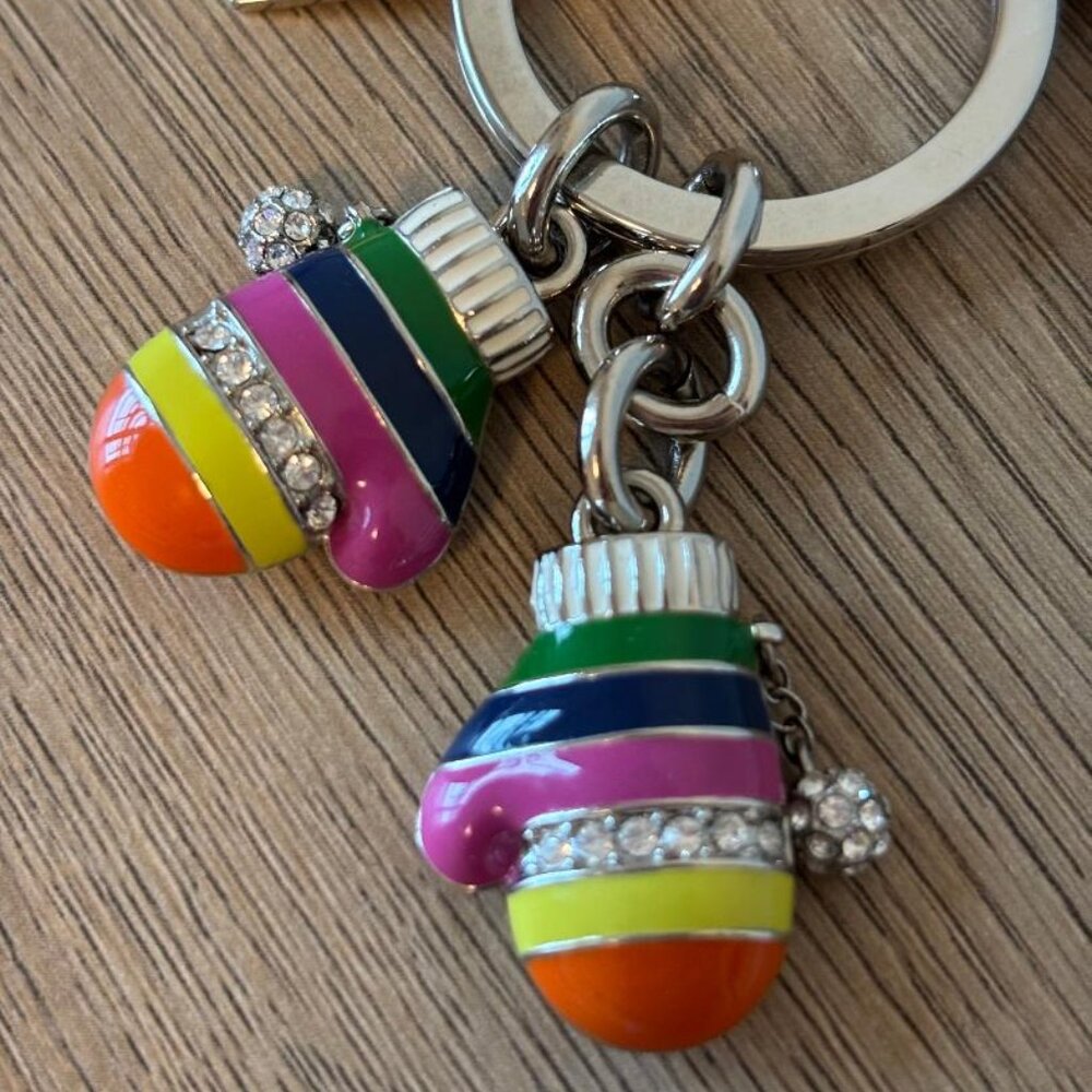 NWT Coach 93027 Multicolor Legacy Stripe Pave Crystal Mittens Key Ring Bag Charm - Picture 2 of 4